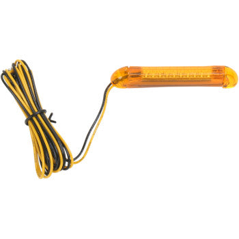 The TruFLEX® LED Strip 2.2" Amber Amber by Custom Dynamics is a flexible orange LED strip with black and yellow wires, enclosed in a clear orange cover—perfect for use as running or brake lights.