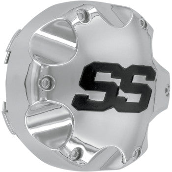 A chrome Center Cap Replacement Wheel SS216 4-137 by Itp features raised black SS lettering, bolt accents, and curved edge details—specifically designed for SS216 wheels.