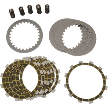 A Clutch Plate Kit by Barnett, including friction plates, steel drive plates, and springs, arranged on a white background.
