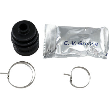 The Kawasaki - Suzuki CV Boot Kit Front & Rear Inner by All Balls includes an abrasion-resistant black rubber boot, a packet of C. V. grease, and two metal clamps, all arranged neatly on a white background.