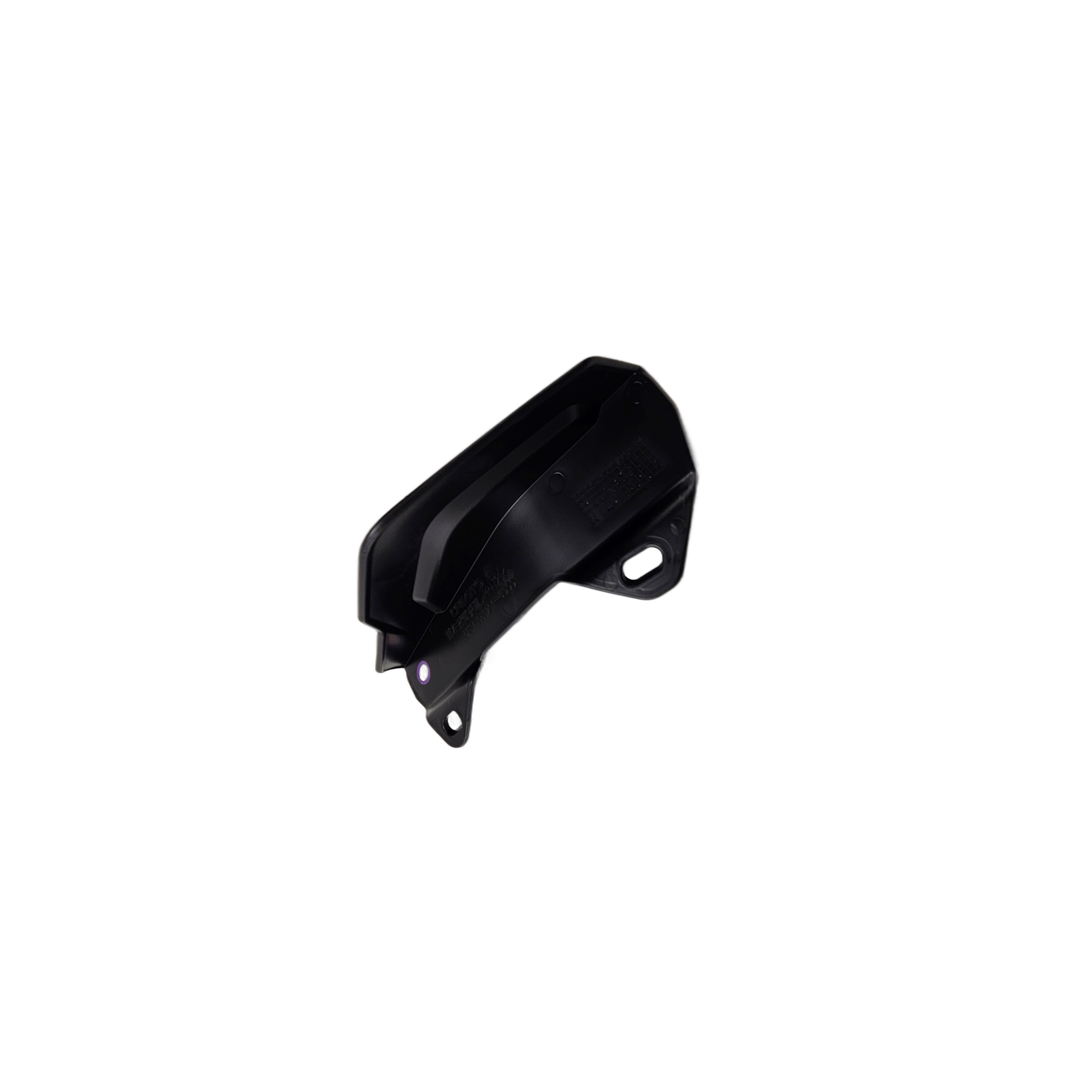 Black plastic front left swing arm guard with mounting holes for CFMOTO UTV suspension.
