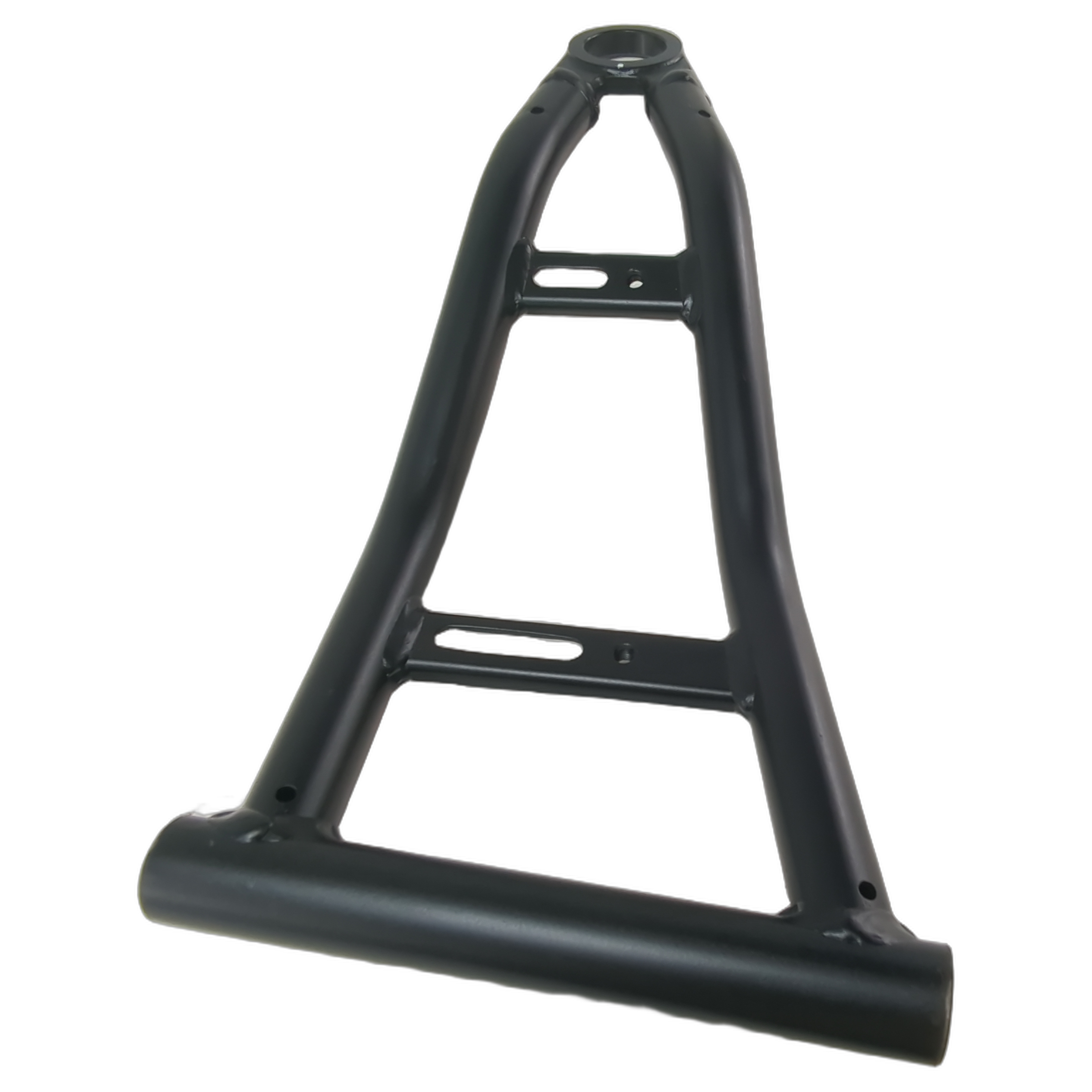 Black metal front lower right swing arm with tubular frame and mounting holes for UTV suspension.