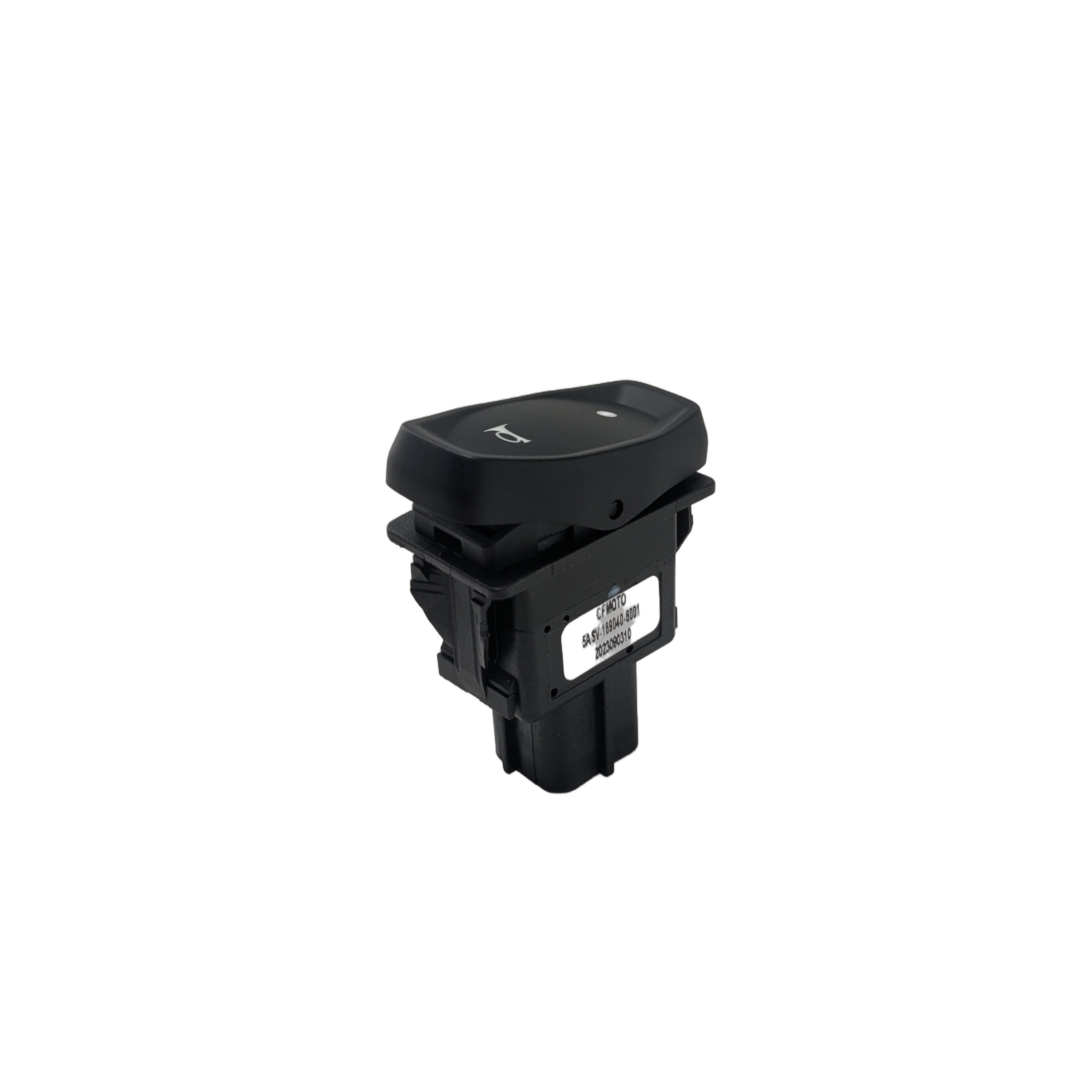 Black rectangular horn switch with a slightly curved top and mounting clips on the side.