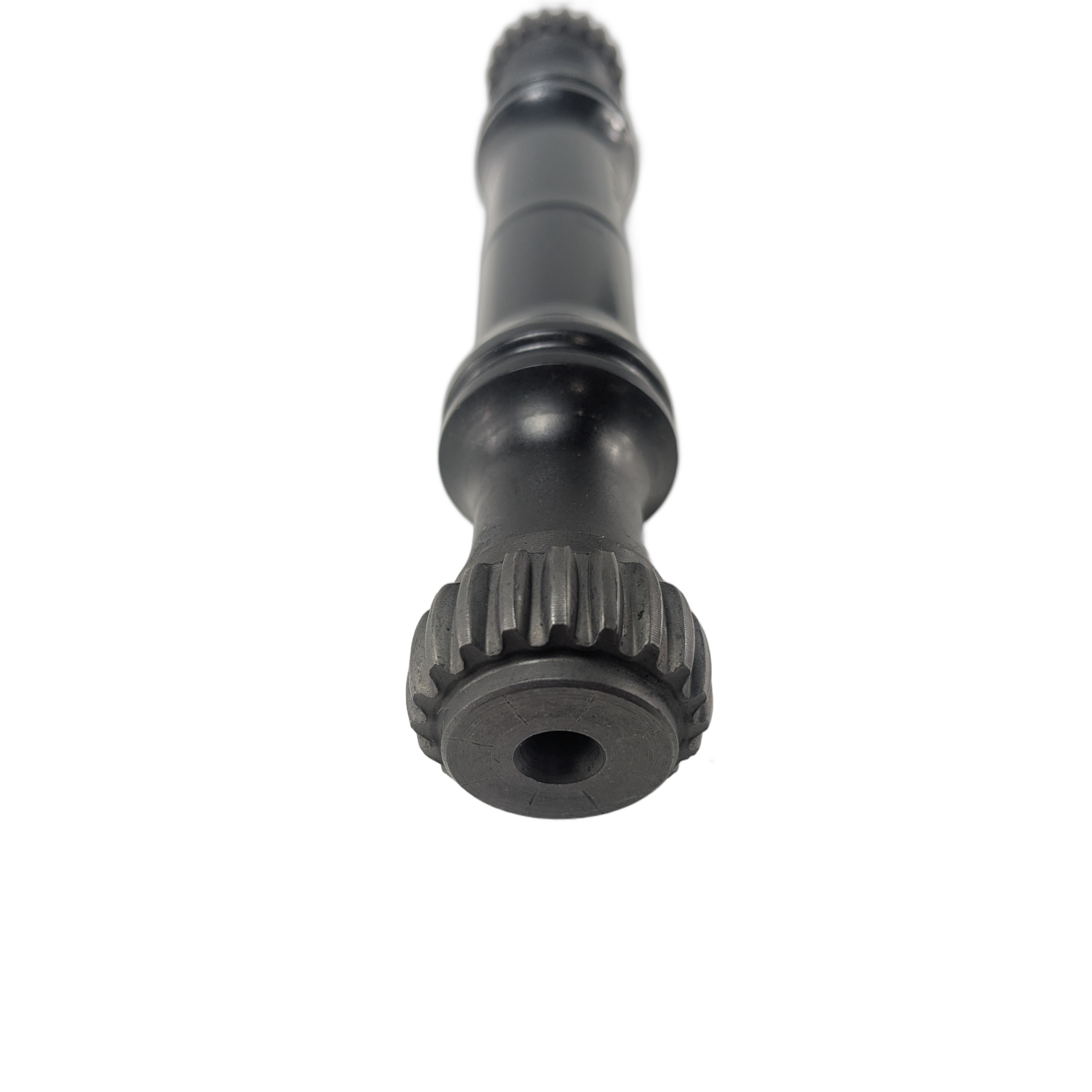 A close-up of the Rear Drive Shaft by CFMOTO, a black metal cylindrical part with gear-like teeth on one end, designed for UTVs and photographed against a white background.