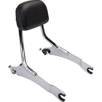Chrome detachable backrest with black padded cushion for two-up motorcycle seat.