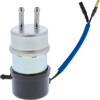 Silver cylindrical Kawasaki fuel pump with two metal inlet tubes and black bottom casing, blue wire attached.