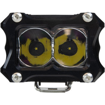 Close-up of the Spotlight 2" Clear Lens by Heretic: a rectangular black LED light with two round yellow CREE LED lenses side by side, framed in metal with four visible corner screws.