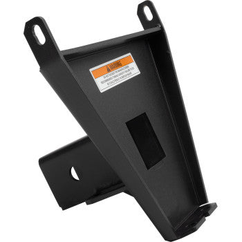 The Rincon Receiver Hitch 2" by Moose Offroad is a black metal bracket with two top mounting holes, a central rectangular cutout, and a warning label near the upper edge. Durable powder-coat finish ensures long-lasting protection.