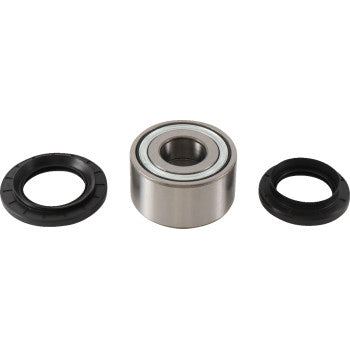 The Yamha YXZ Wheel Bearing Kit Tapered Double Angular Contact Rear by Moose Offroad features a metal bearing set between two high-contact double-lip seals, arranged in a row on a plain white background.
