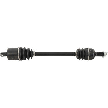 The Polaris Scrambler Sportsman Axle Kit Complete 8 Ball Extreme Duty Front Left & Right by All Balls, with black chromoly shafts, rubber boots, and metal joints/clamps, is shown horizontally on a white background for lasting durability.
