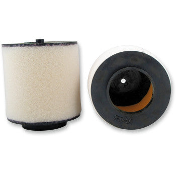Two Honda Foam Air Filters by No Toil, in OEM size, feature light-colored foam and black rubber end caps; one stands upright while the other lies on its side, showcasing the hollow center for optimal air filtration.