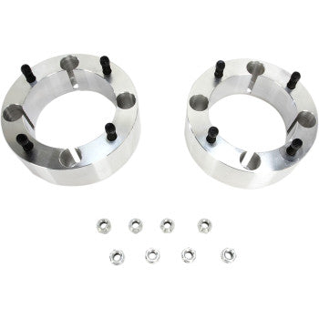 The High Lifter Spacer with Stud Wheel Rear 4/156 2-1/2 includes two silver spacers with black studs and ten silver nuts—ideal for upgrades to aftermarket tires or as reliable wheel adapters, shown on a white background.