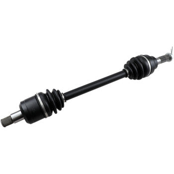 The Kawasaki Mule Axle Kit Complete 8 Ball Extreme Duty Rear Left by All Balls features a black chromoly axle with precision ball bearings, rubber boots on both ends, and metal connectors—engineered for enhanced strength.