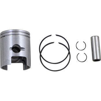 The Kawasaki - Suzuki Piston Kit 41.00 mm KFX50 LT50 QuadRunner by Prox includes a metal piston, two rings, two small circlips, and a cylindrical wrist pin, all CNC machined and displayed on a white background.