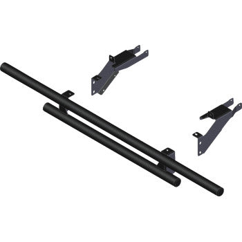 Polaris Rear Bumper Black by Kfi Products, powder coated for durability, includes two mounting brackets and hardware shown on a white background. All components are separated to display every part required for assembly.