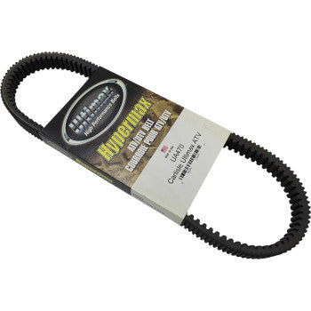 A Drive Belt Ultimax UA XUV Gator 620 625 by Ultimax with aramid cord for high torque vehicles is shown in its packaging, labeled with product info and wrapped in a cardboard sleeve.