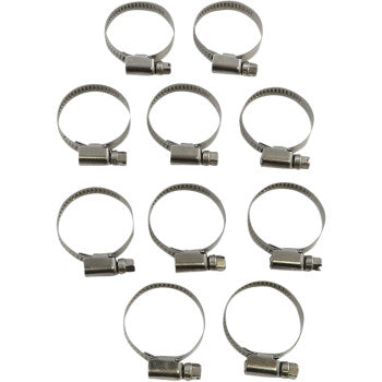 Set of eleven silver adjustable metal hose clamps with embossed bands and screw-tightening mechanisms.