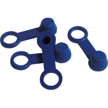 Four blue plastic Brake Bleeder Caps by Helix, each with two circular ends, are ideal for covering valve stems or pipe openings—such as brake bleeders—to help prevent contamination.