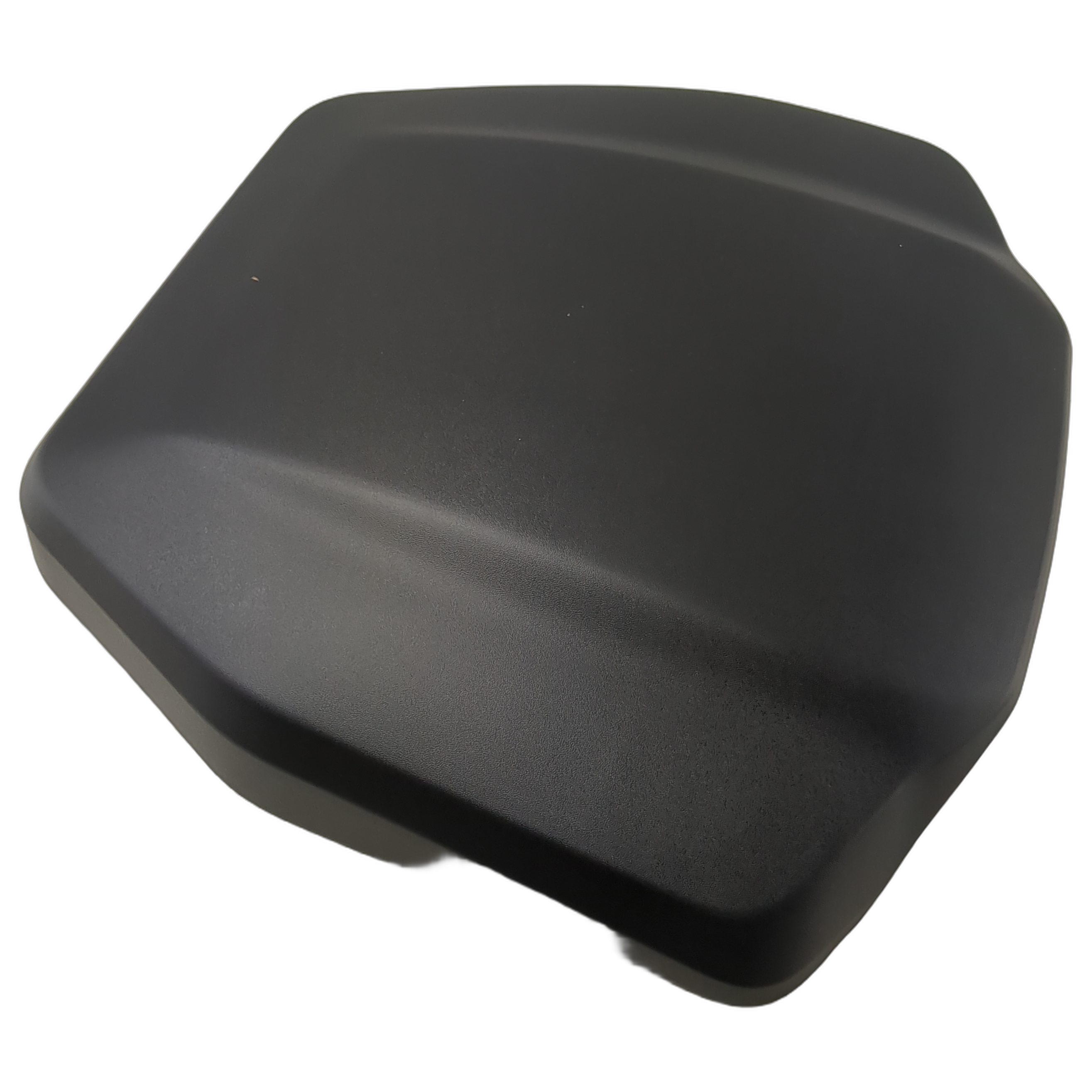 Black molded plastic passenger seat storage box cover with smooth, contoured surface.
