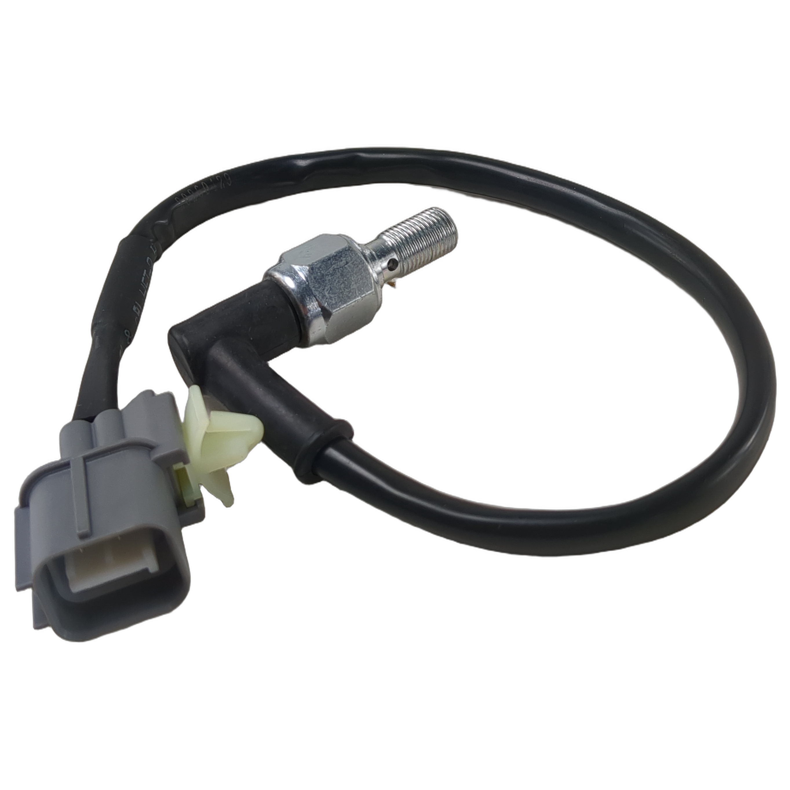 Black hydraulic sensor switch with a looped wire, gray electrical connector, and silver threaded fitting.