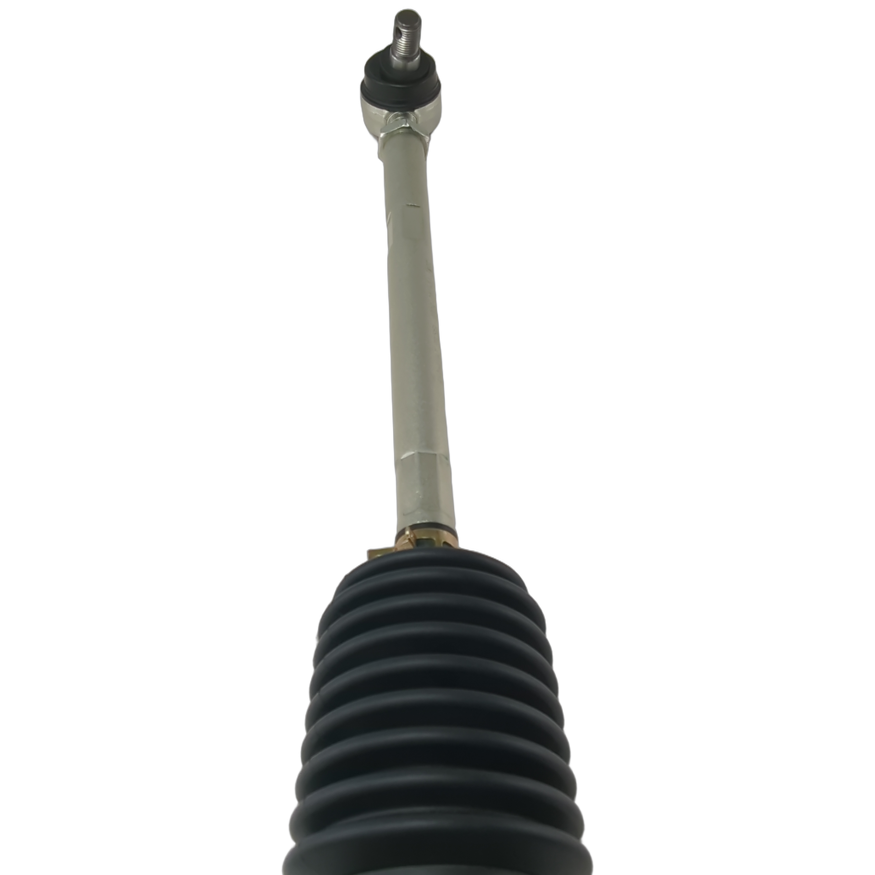 Gray metal steering tie rod with black ribbed rubber boot and ball joint end.