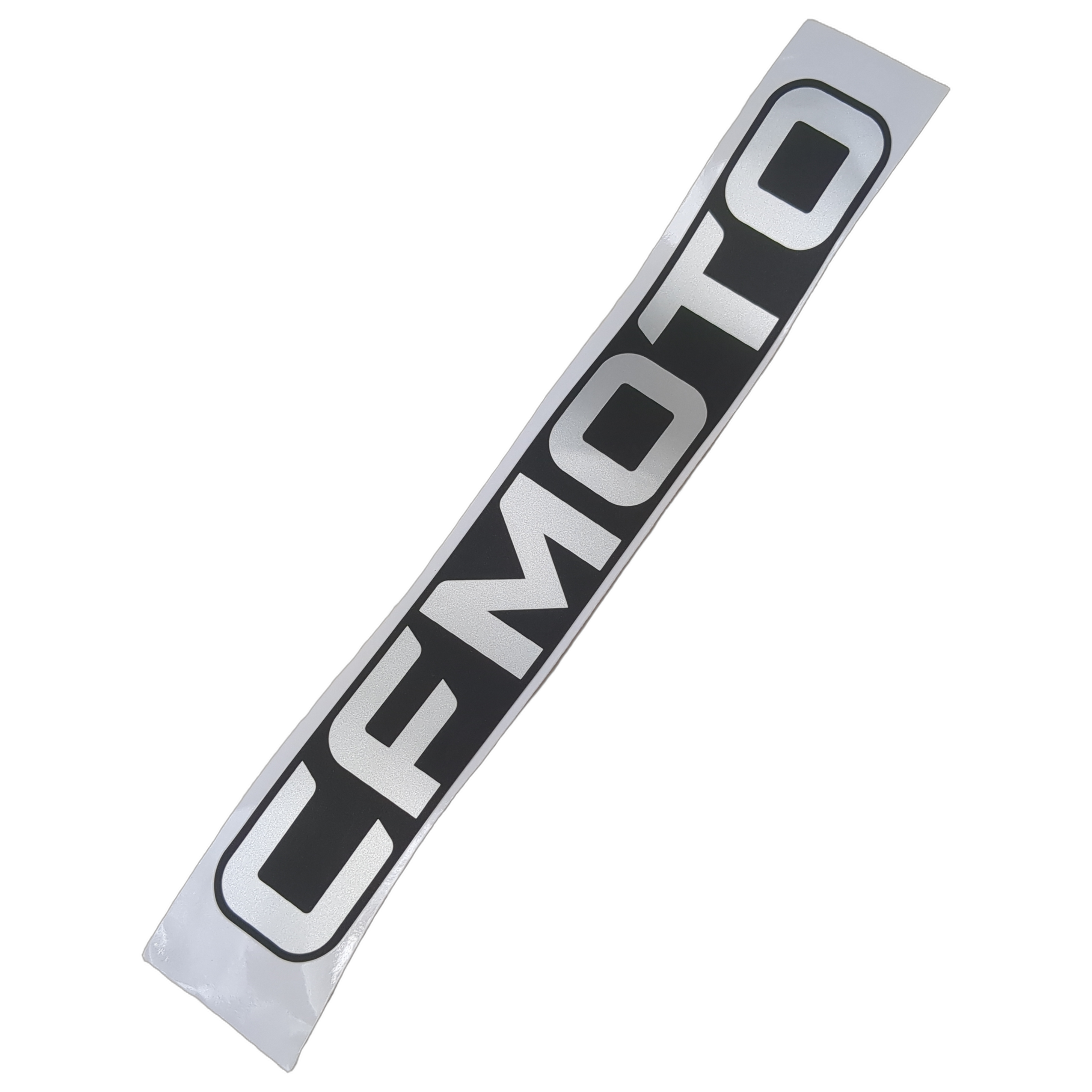 Black and white rectangular CFMOTO logo decal with bold block lettering.