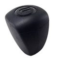 A black, rounded triangular Gearshift Ball Head by CF Moto with a raised circular emblem featuring a stylized L, photographed on a white background—perfect for anyone looking for genuine CFmoto OEM parts.