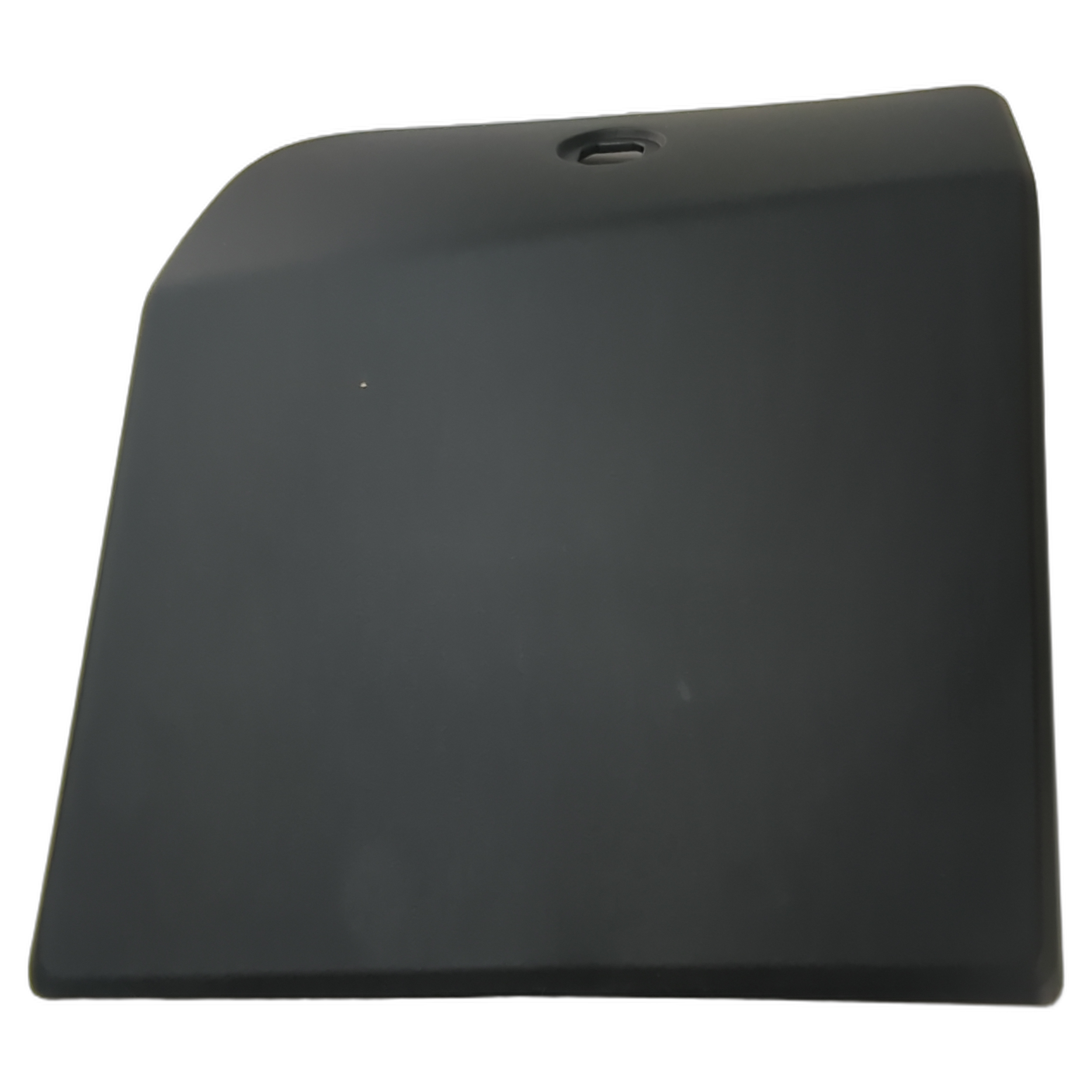 Black hard plastic storage box cover with a slightly curved top and centered mounting hole.