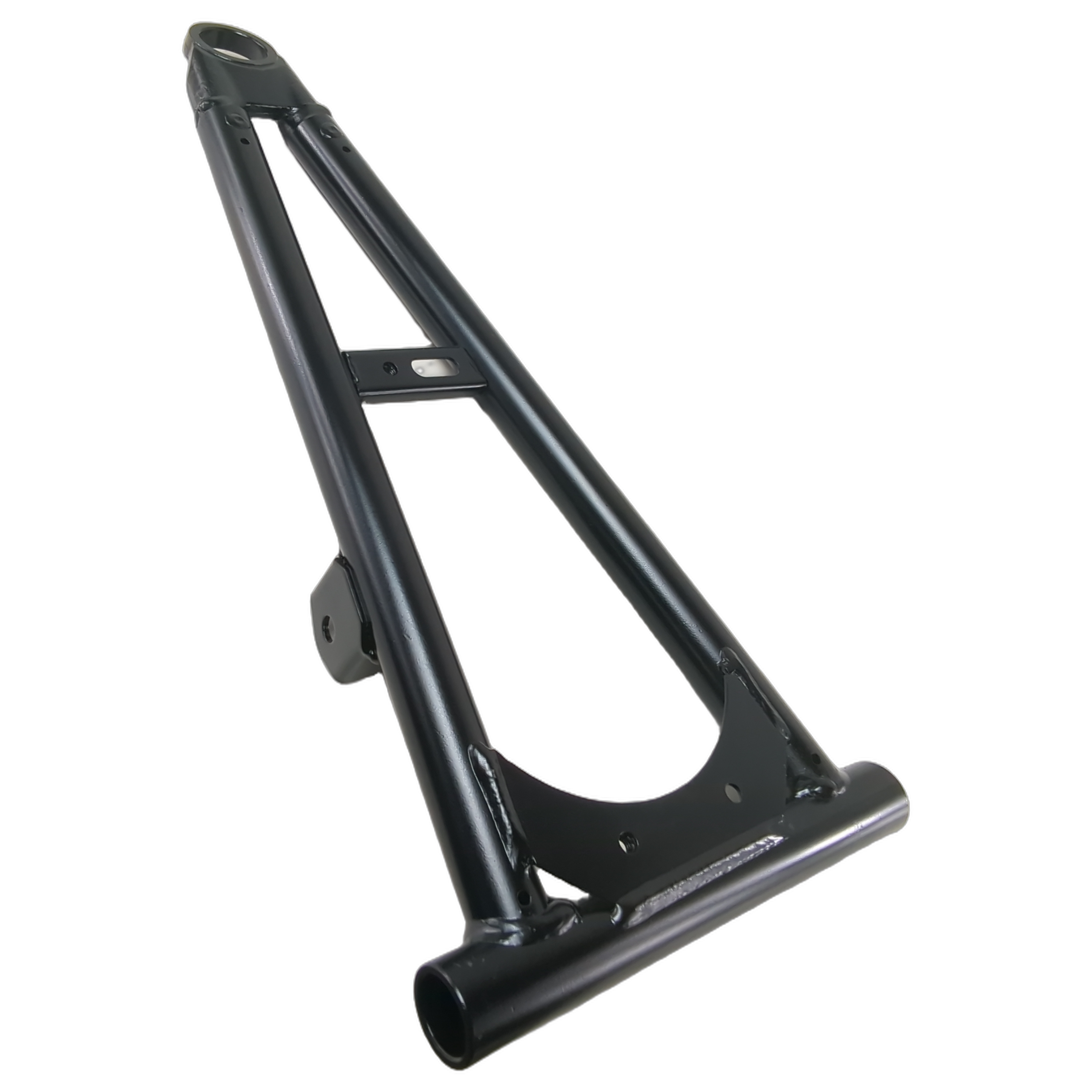 Matte black metal front lower left swing arm with tubular frame and mounting brackets.