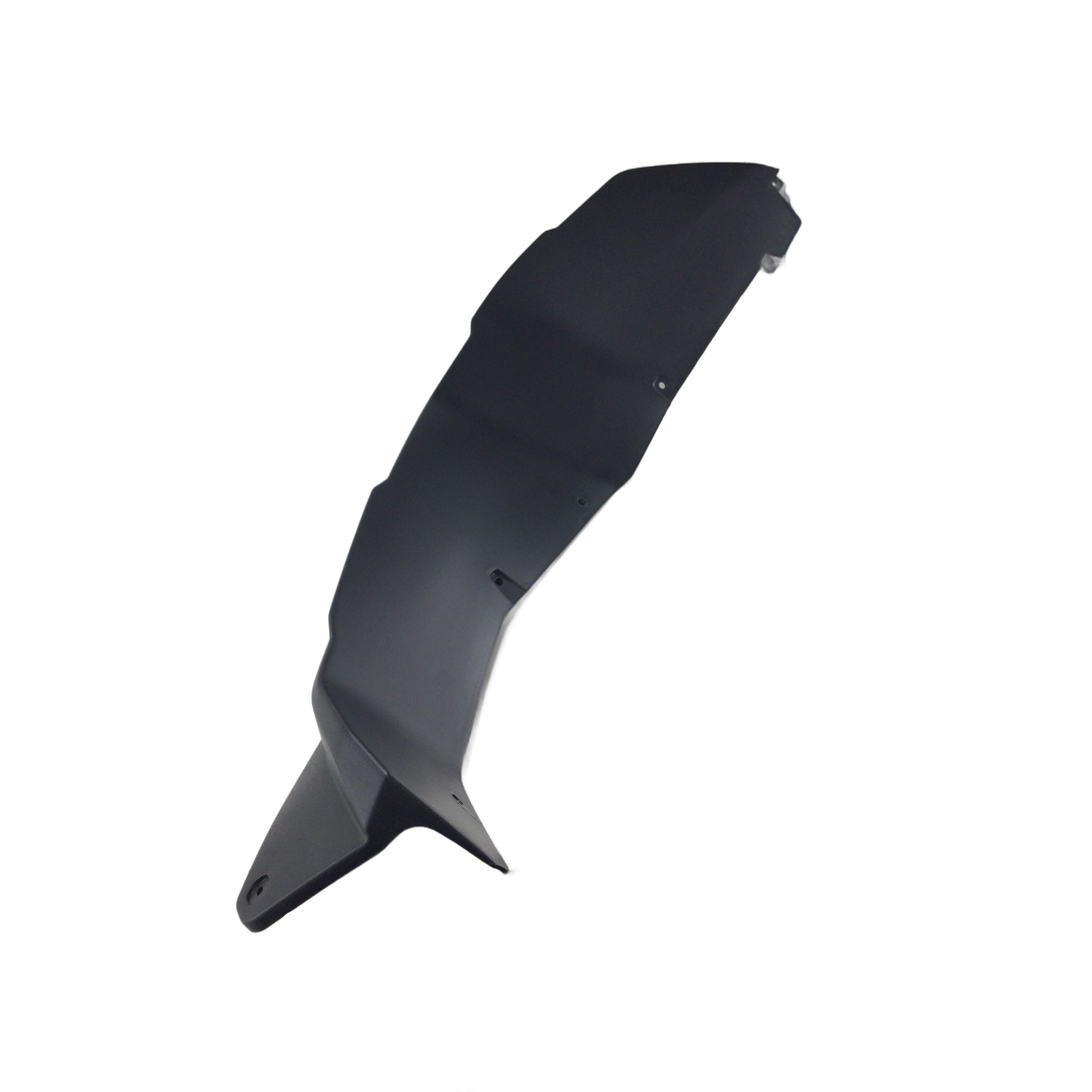 The Lh Rear Extended Fender by CF Moto, a black curved plastic OEM accessory for UTVs with smooth edges and mounting holes, is shown on a plain white background.