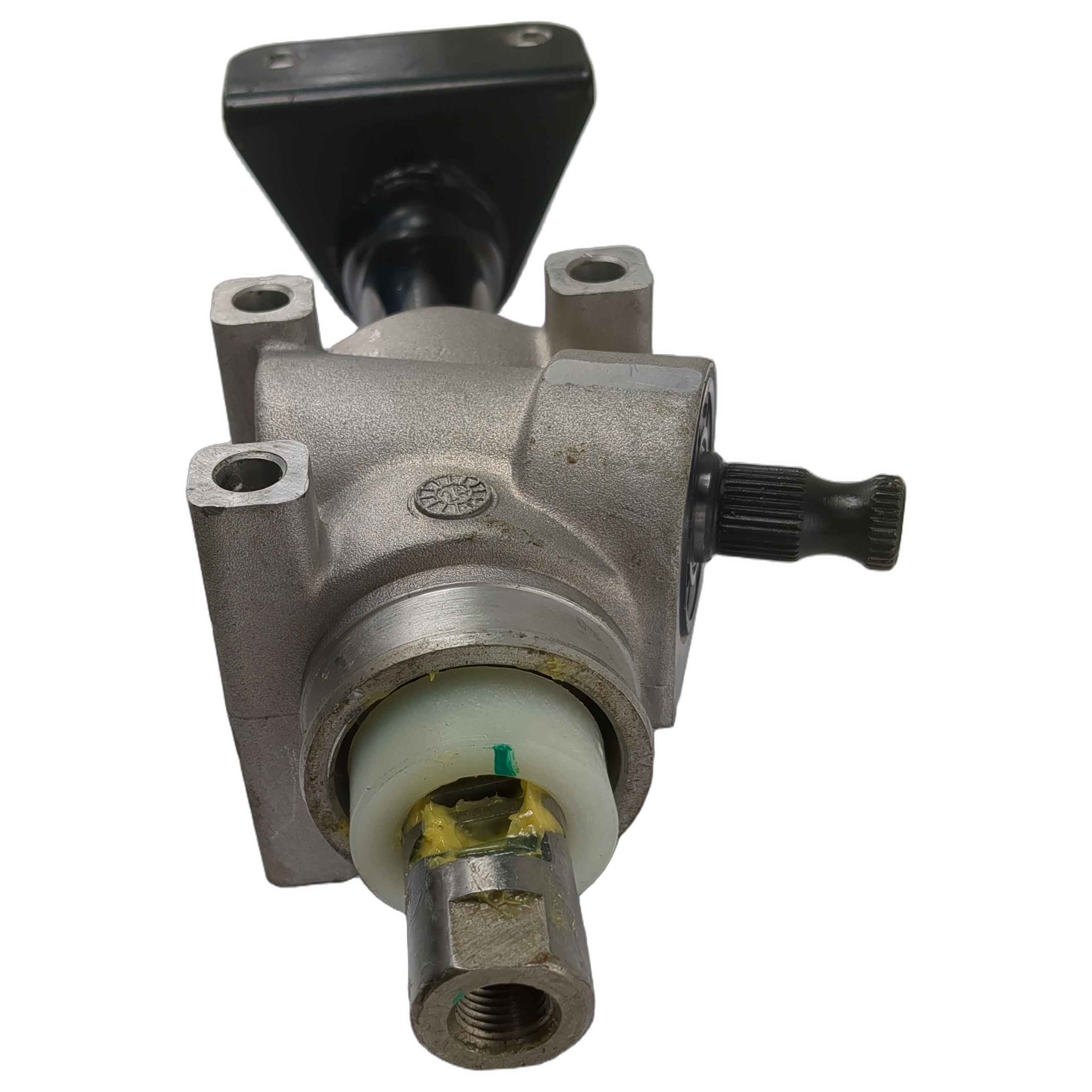 Silver metal EPS motor with black mounting bracket and hexagonal input shaft tip.