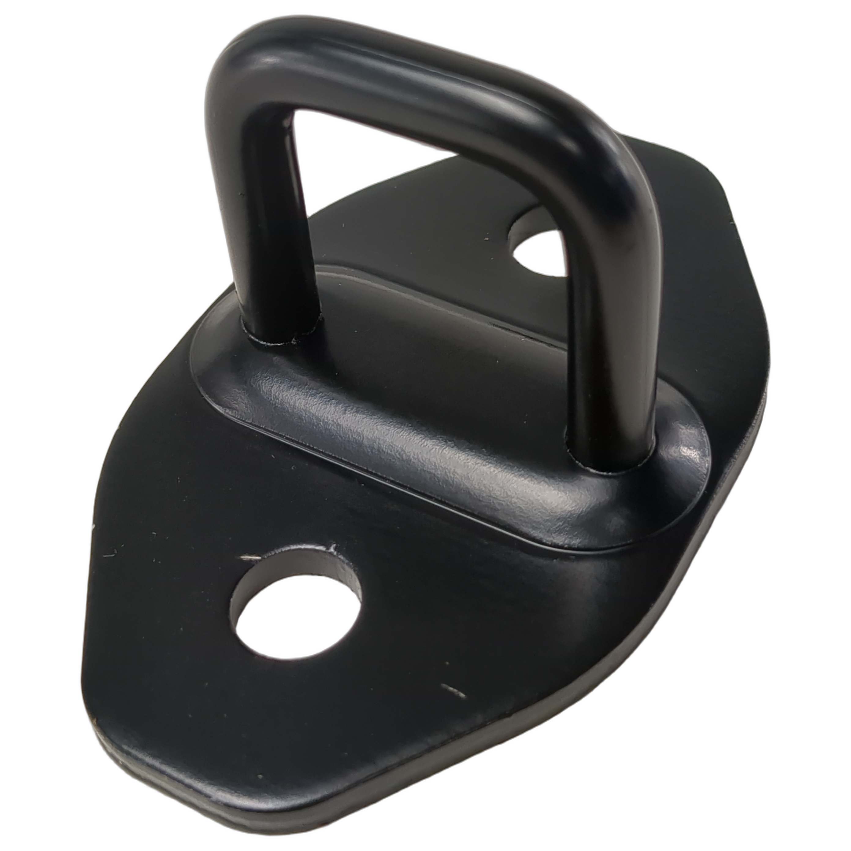 Black metal door latch with two mounting holes and a U-shaped locking loop.