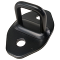 Black metal door latch with two mounting holes and a U-shaped locking loop.