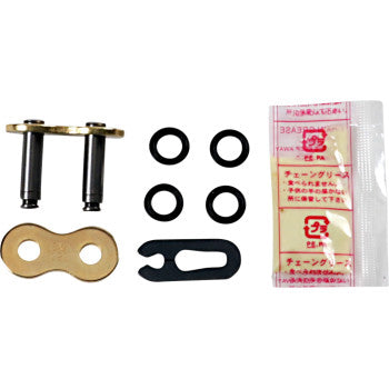Gold metal connecting chain master link kit with black pins, seals, clip, and lubricant packets.
