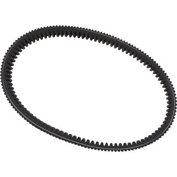 The Can Am Dura Series Drive Belt by Dynojet is a black, toothed rubber oval drive belt shown on a white background—built for performance and comes with a lifetime warranty.