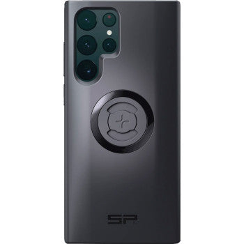 The SPC+ Phone Case Samsung Galaxy S22 Ultra by Sp Connect features a sleek, glossy black finish, four rear cameras in a rectangular layout, a circular magnetic grip ring on the back, and “SF” lettering near the bottom.