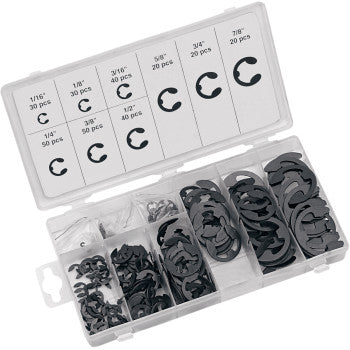 The E-Clip Assortment 300 Piece by Performance Tool comes in a resealable case with labeled compartments for assorted black E-clips. Size and quantity details are displayed on the lid for easy organization and selection.