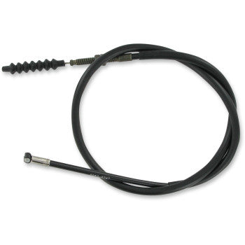 The Honda Black Vinyl Clutch Cable by Parts Unlimited features a coiled black design with a protective boot and metal fitting, manufactured to OEM specs for a perfect fit and reliable quality.