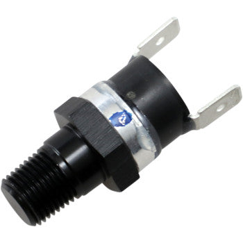 A close-up of the Miniature Thermal Switch 200°F Preset by Jagg Oil Coolers, featuring an NPT 1/8 threaded probe and two flat metal connectors for 12V accessories.