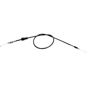 The Can Am Black Vinyl Throttle Cable 34" by Moose Offroad features a PVC outer jacket for high UV resistance. It is black, has metal ends, and is coiled in the center with straight sections at each end.