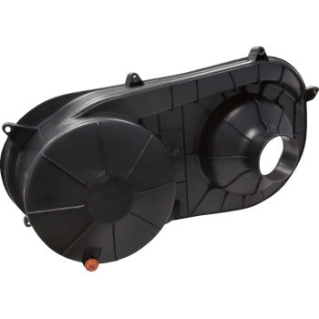 The Polaris Clutch Cover Outer by Moose Offroad is a black plastic replacement with circular and oval shapes, mounting tabs for easy installation, a ridged surface, and a visible access hole on the right side.