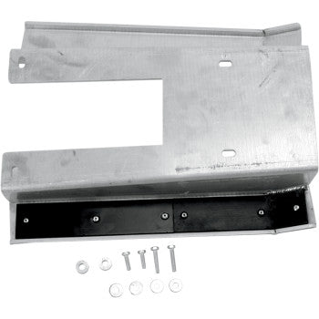 The Yamaha Raptor Swingarm Skid Plate by Motorsport Products is a rectangular metal bracket with a cut-out section, two bent edges, and several holes—shown with four bolts, washers, and nuts below it.