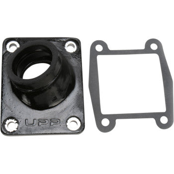 The Yamaha Intake Manifold Stock by Moose Offroad is a black metal mounting flange with four boltholes and “UPP” embossed on it, designed to boost carburetor airflow, shown next to a matching flat rectangular gasket with four holes.