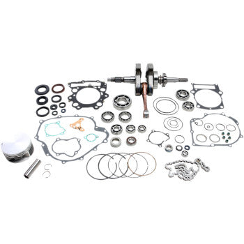 The Yamaha Grizzly Rhino Engine Rebuild Kit by Vertex includes gaskets, bearings, seals, a crankshaft, piston kit, chain, and rings—neatly arranged on a white background—perfect for complete engine overhauls.