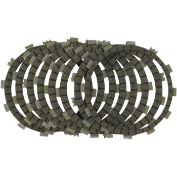 Six round, textured friction plates from the Clutch Kit by EBC are arranged in a slightly overlapping, fanned-out pattern on a white background.