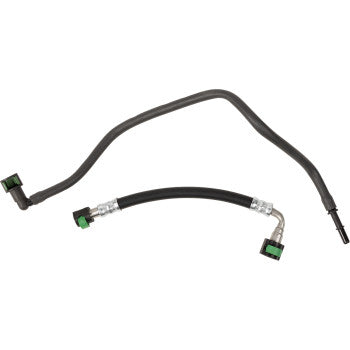 The Polaris RZR Replacement Fuel Line by Moose Offroad includes two black hoses with green and black connectors. One hose is straight with a bend; the other is curved with metal fittings near the connectors for OEM replacement.