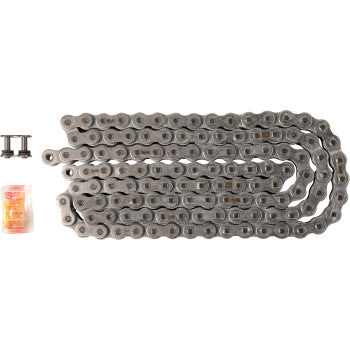 The 520 XRE Drive Chain 120 Links by RK is shown coiled on a white background, alongside a small lubricant packet and two connecting chain links.