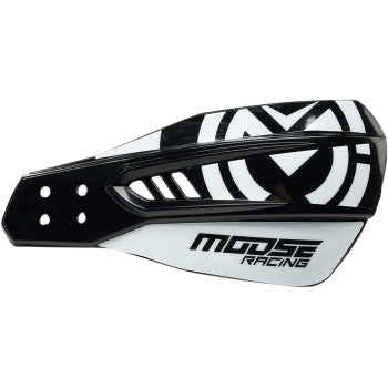 The Qualifier Hand Guards Black by Moose Offroad feature a bold black and white geometric design, composite shields, and the Moose Racing logo on the lower right section.