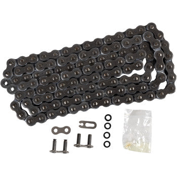 The 520 X1R Heavy Duty Drive Chain (118 Links) by JT Chains is displayed coiled with connecting links, pins, O-rings, and a grease packet beside it—perfect for those needing a reliable chain for power transfer.