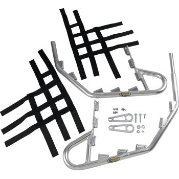 Two Nerf Bars YZF Silver by Motorsport Products, made of extruded aluminum with black webbing straps and EZ-fit clamp brackets, plus hardware (bolts and nuts), are displayed on a white background.